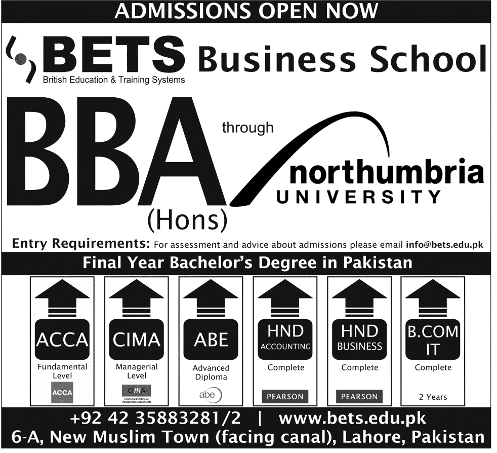 BETS Lahore Business School Admission 2024 BBA, BCOM, ACCA, CA British Education and Training System