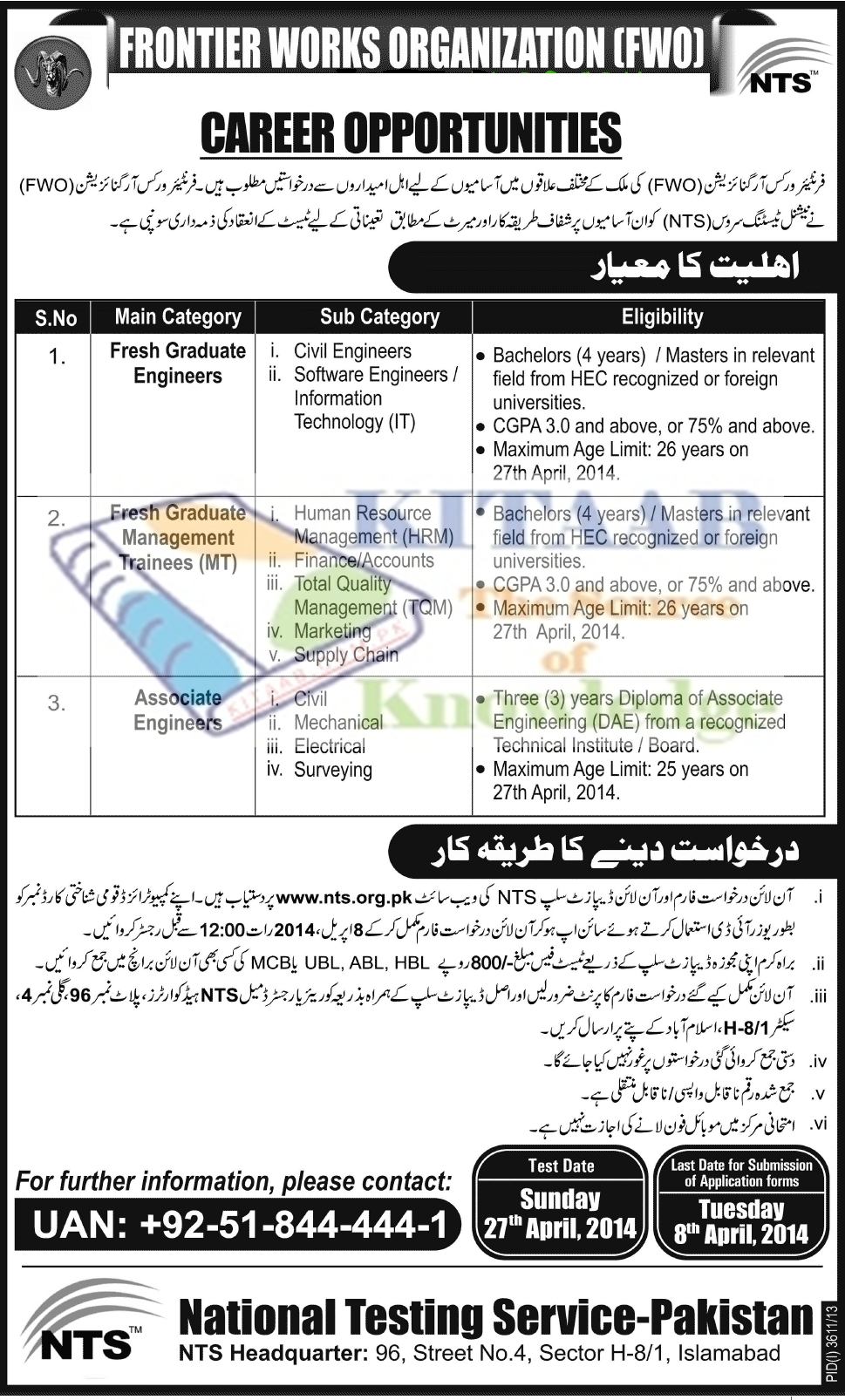 Frontier Works Organization FWO Jobs 2024 NTS Test Eligibility and Registration Procedure Schedule | NTS Test 2024 Answer Key Result