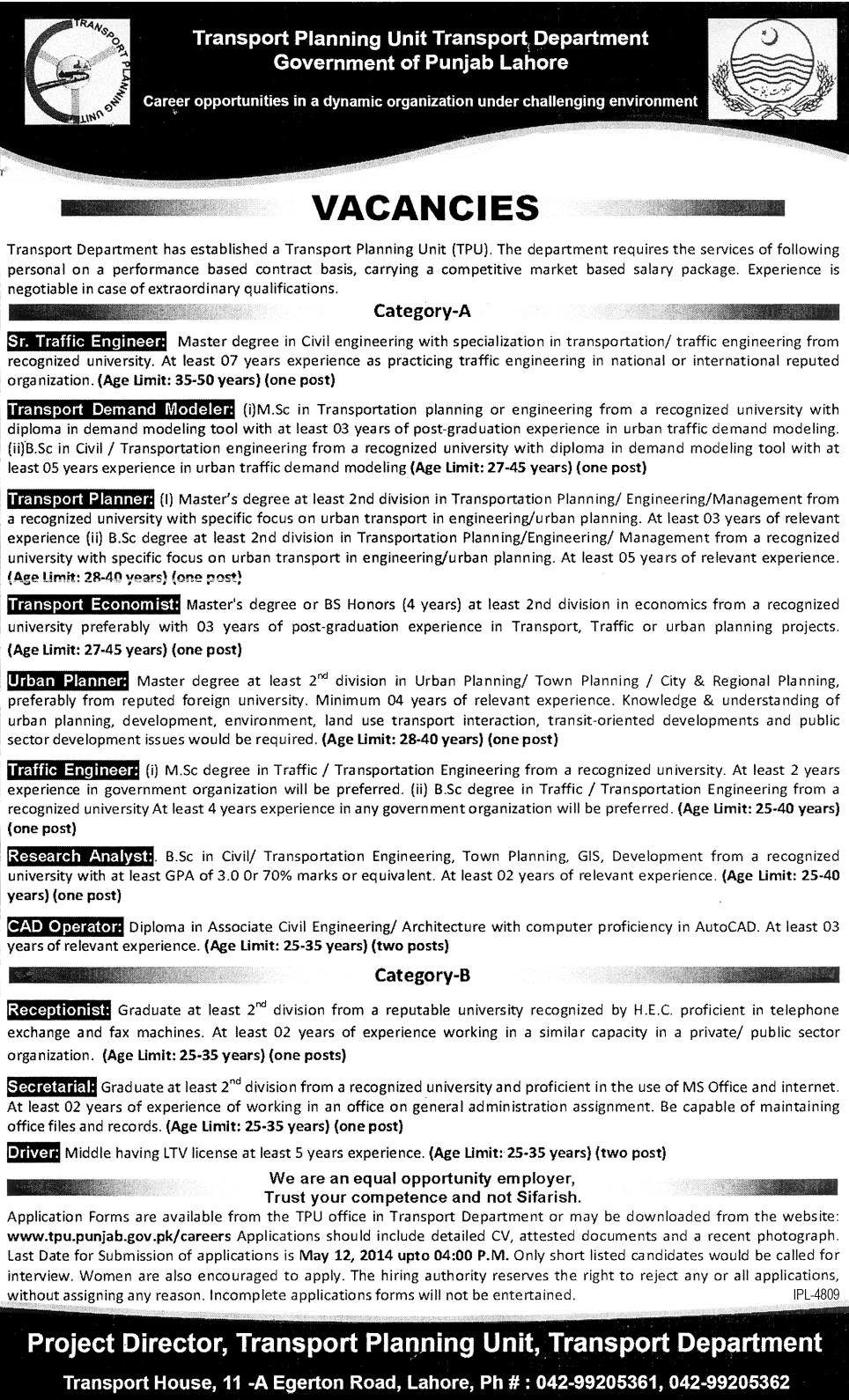 Transport Planning Unit Transport Department Govt of Punjab Lahore Jobs 2024 TPU Category A, B Registration form Eligibility