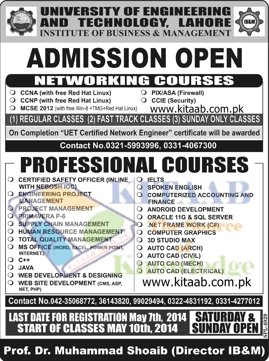 UET Lahore Networking Professional Certificate Courses Admission 2024 Open Regular & Sunday Classes Registration Last Date IB&M