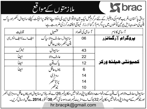 Pakistan BRAC Health Organization Worker Jobs 2024 Registration Form Eligibility Criteria Last Date