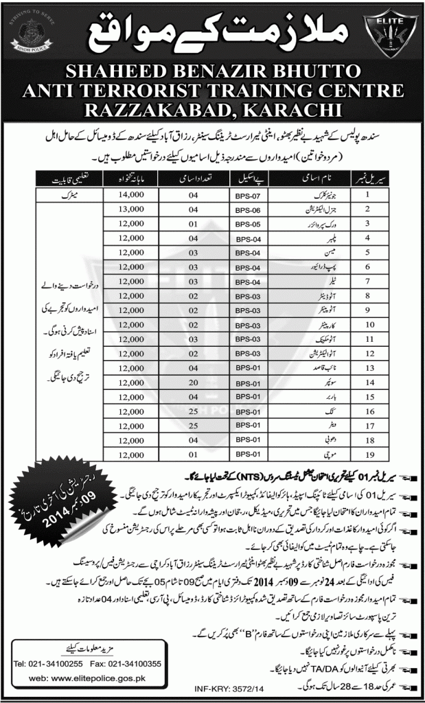 Karachi Anti Terrorism Sindh Police Jobs 2024 NTS Test Application Form Eligibility Criteria Last Date