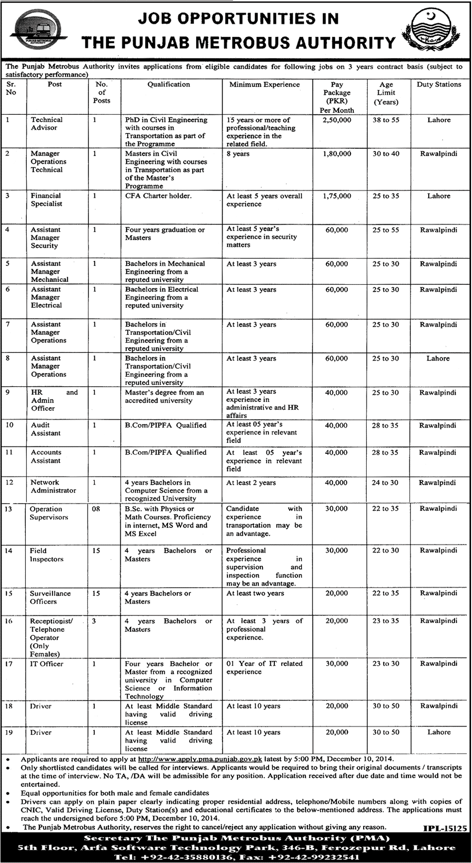 Punjab Metro Bus Authority PMA Jobs 2024 Application Form Eligibility Criteria Last Date