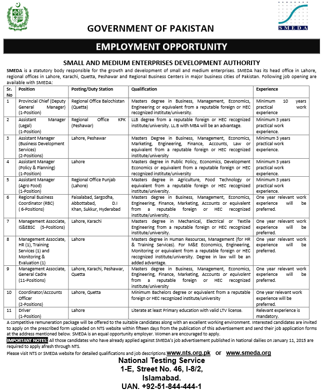 Small and Medium Enterprise Development Authority SMEDA Jobs 2024 NTS Test Application Form Eligibility