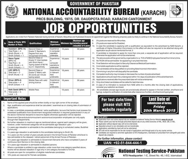 National Accountability Bureau NAB Karachi Jobs 2024 NTS Test Application Form Eligibility Selected Candidates