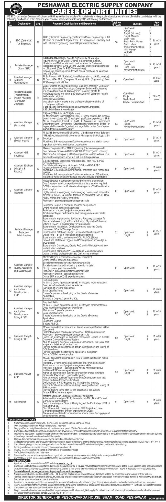 Peshawar Electric Supply Company PESCO Officer Grade Jobs 2024 NTS Test Application Form Eligibility Last Dates