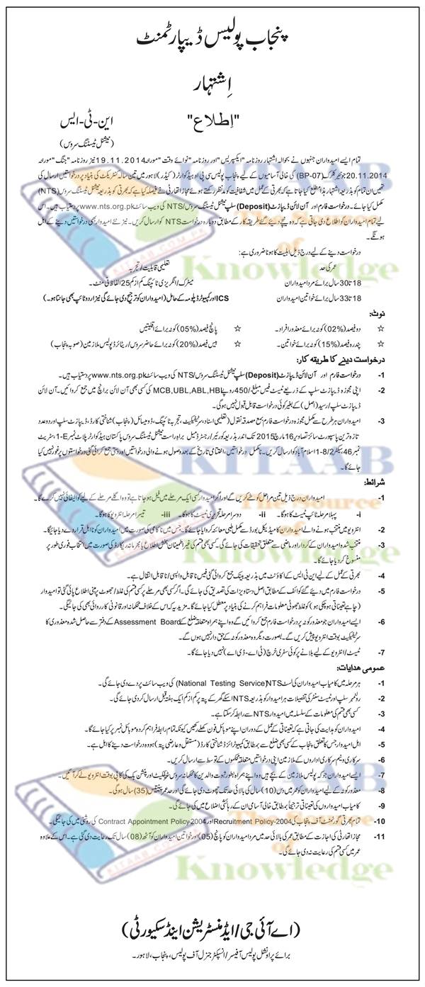 Punjab Police Jobs 2024 NTS Test PHASE I-II Post of Junior Clerk BPS-7 Application Form Written-Physical-Typing Test