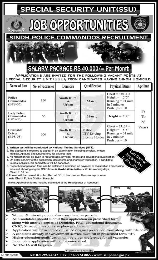 SSU Sindh Karachi Police Jobs NTS Test 2024 Commandos and Constable Eligibility Criteria Selected Candidates List