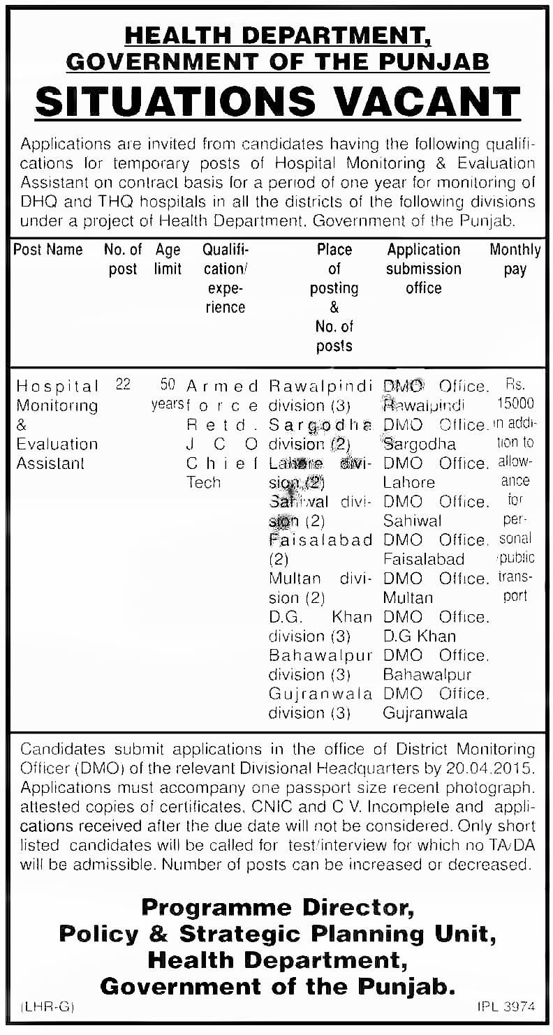 Punjab Health Department Jobs 2024 Hospital Monitoring & Evaluation Assist Dates Application Form