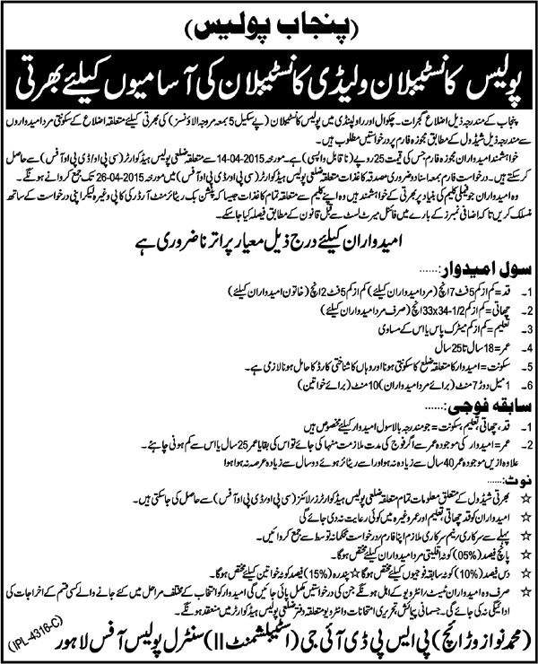 Punjab Police Male/Female Constable Jobs 2024 Gujrat Chakwal Rawalpindi Form