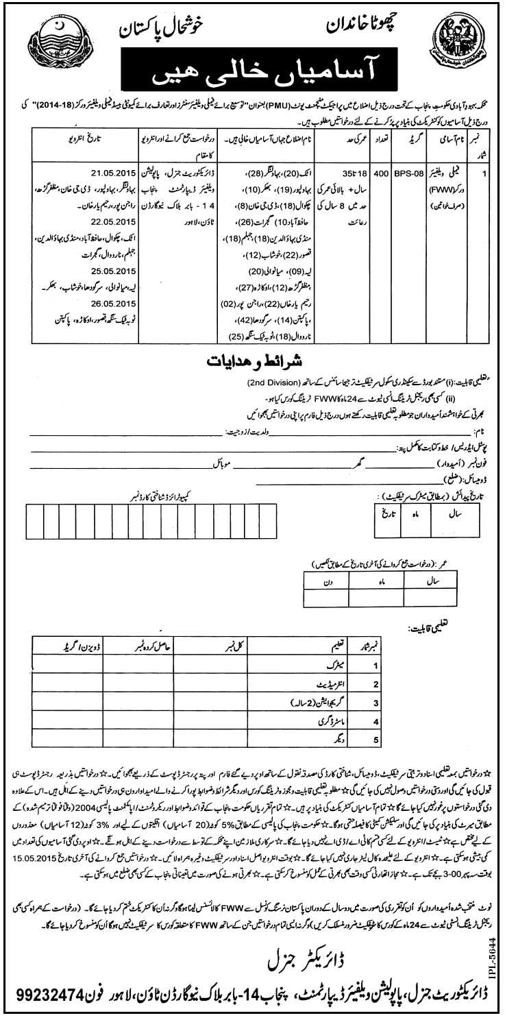 Punjab Family Welfare Workers PMU Jobs 2024 Application Interview Centers Dates & Schedule Districts