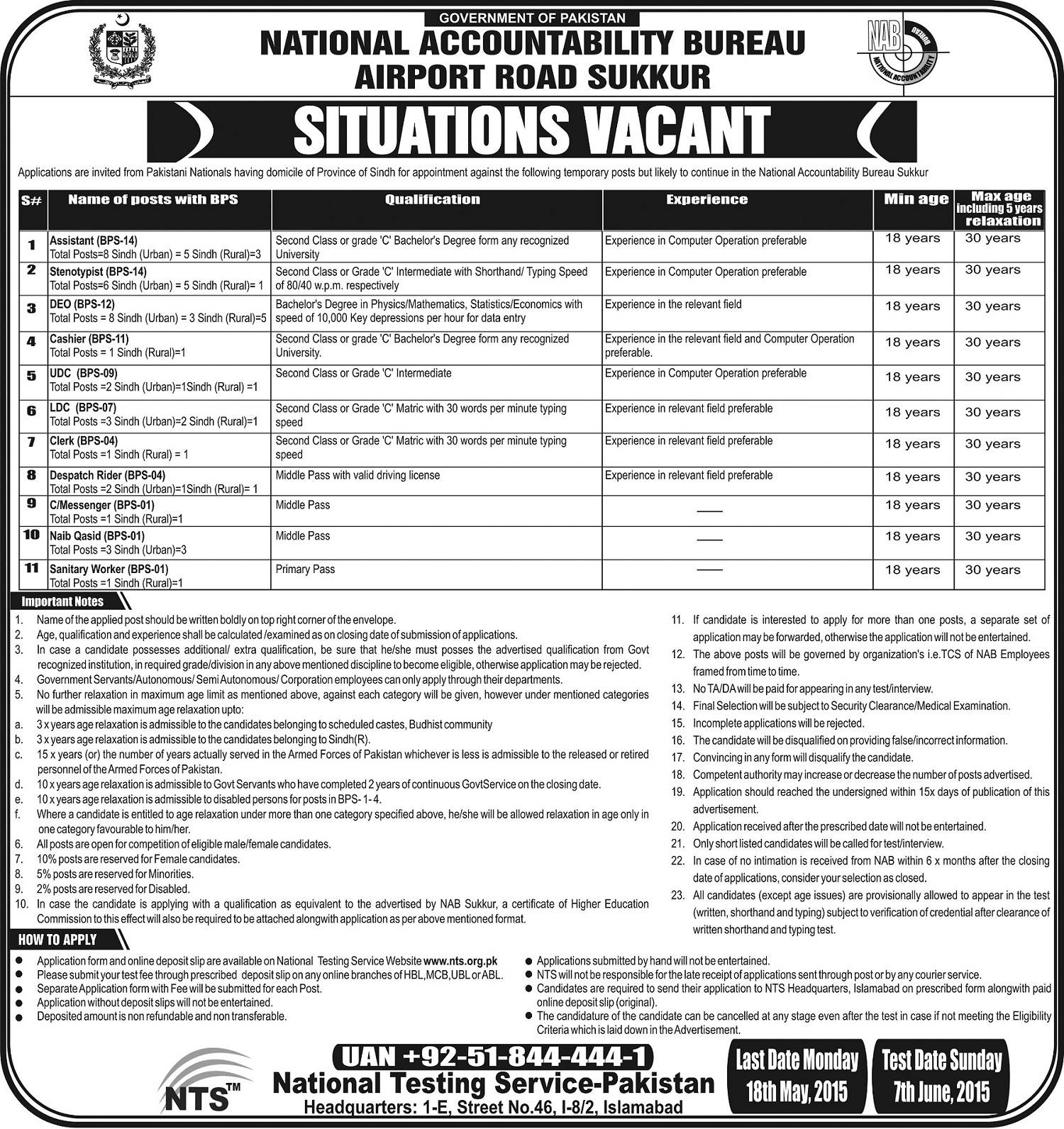 National Accountability Bureau NAB Sukkur Jobs 2024 NTS Test Dates Selected Candidates List Form Eligibility