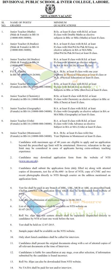 Divisional Public School & Inter College Lahore Jobs 2024 Application Form of NTS Test Candidates List Roll Number Slips