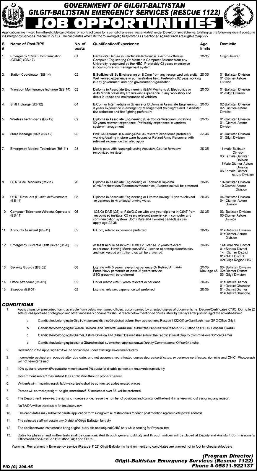 Govt Gilgit Baltistan Rescue 1122 Jobs 2024 Application Form Eligibility Criteria