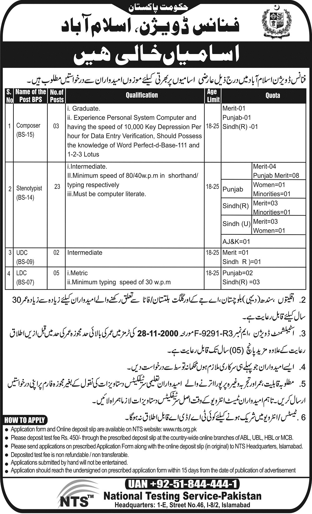 Government of Pakistan Finance Division Islamabad NTS Test Result Answer Key Jobs 2024