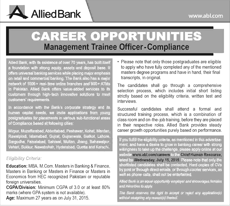 ABL Management Trainee Officer Jobs 2024 in Allied Bank Karachi Apply Online Eligibility Criteria Dates