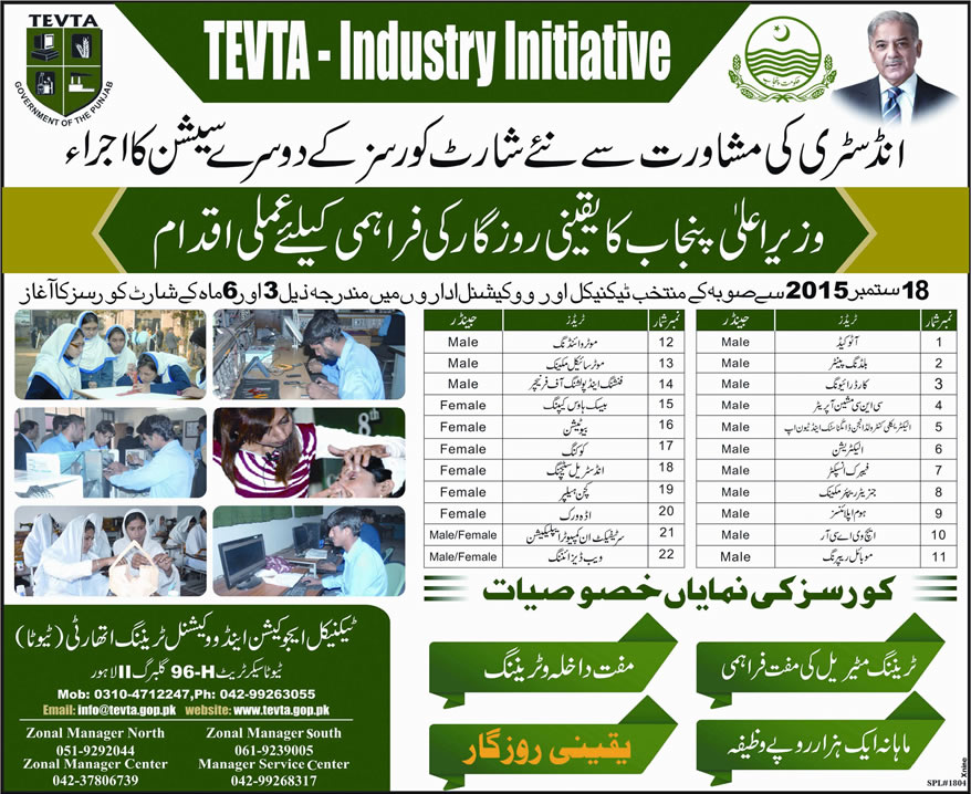 Punjab Govt Tevta Industry Initiative Short Courses 2024 2nd Session Training and Admission Free With Monthly Stipend