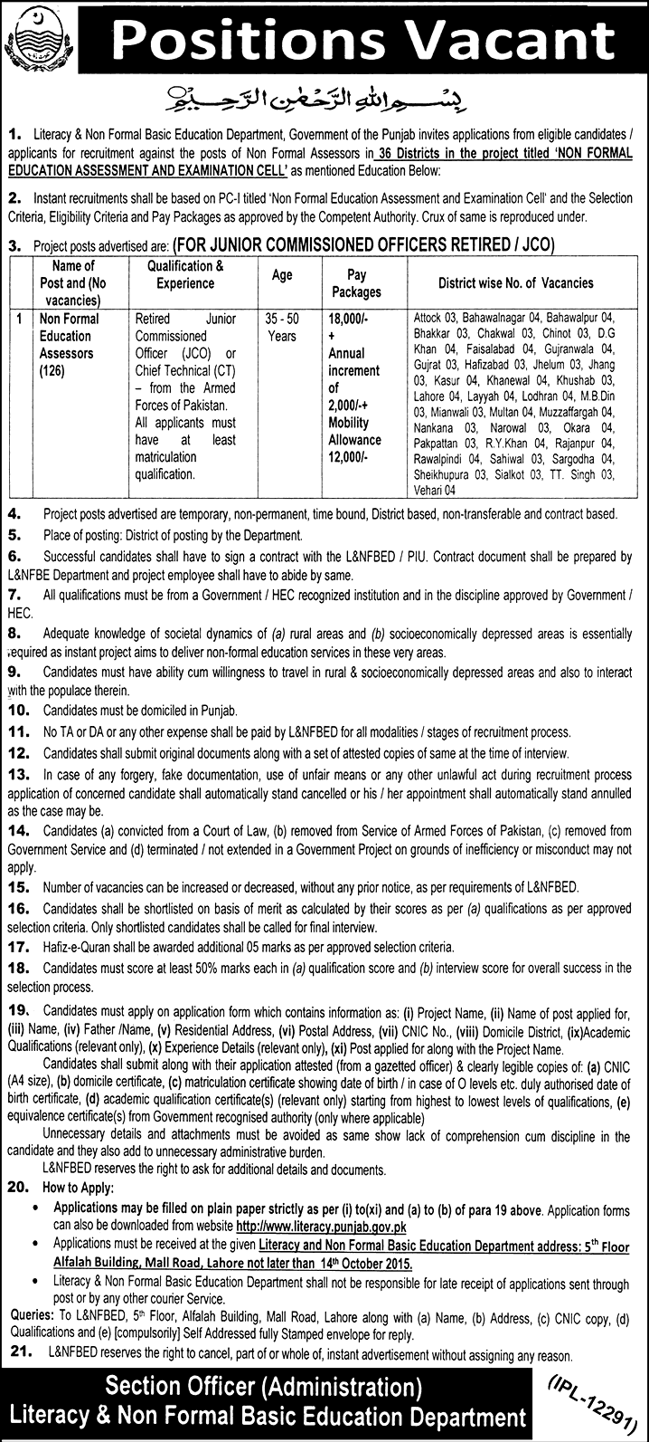 Non Formal Education Assessors Jobs Literacy Department Punjab 2024 Application Form Online Eligibility Test Information