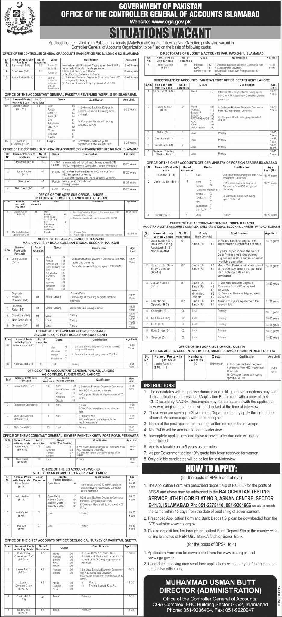 CGA Jobs 2024 Balochistan Testing Service BTS Test Application Form Dates Controller General of Accounts