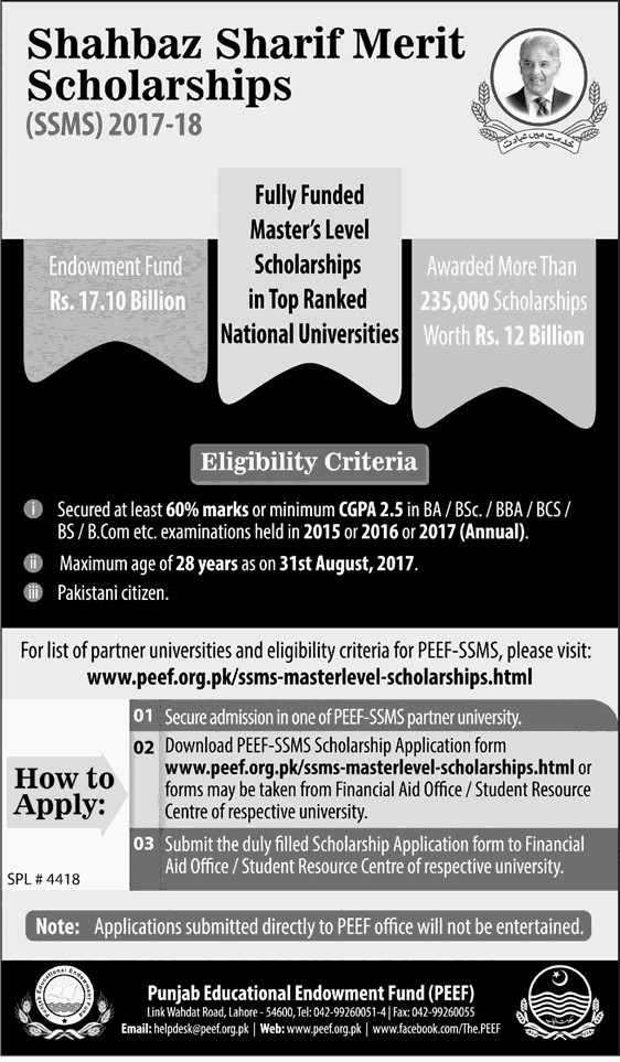 PEEF Shahbaz Sharif Merit Scholarships SSMS 2024 Application Form Eligibility Criteria