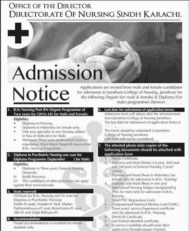 Directorate Of Nursing Sindh Karachi Nursing Courses Admission 2024 Schedule and Date of Application Form Submission Last Date