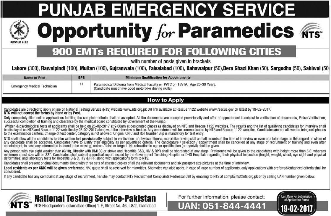 Rescue 1122 Lahore Emergency Service Jobs 2024 Medical Technician NTS Test Application Form