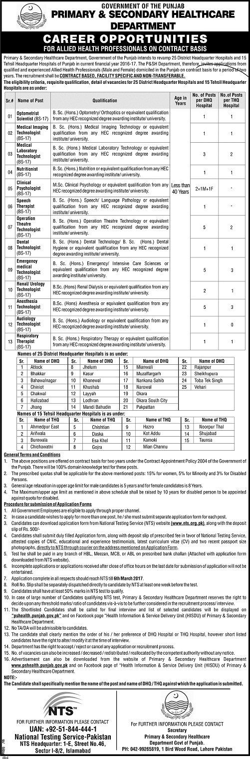 Govt of the Punjab Primary and Secondary Healthcare Department Directorate General of Health Services Jobs 2024 NTS Screening Test Dates Roll Number Slips