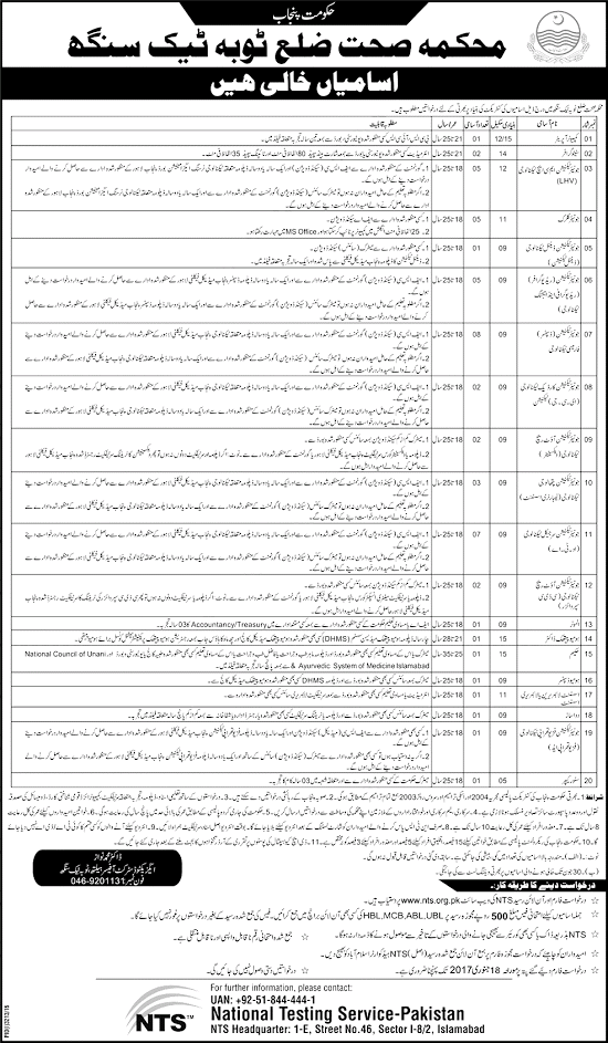 NTS Test Schedule Roll Number Slips Health Department Toba Tek Singh Jobs 2024 Application Submission Last Date