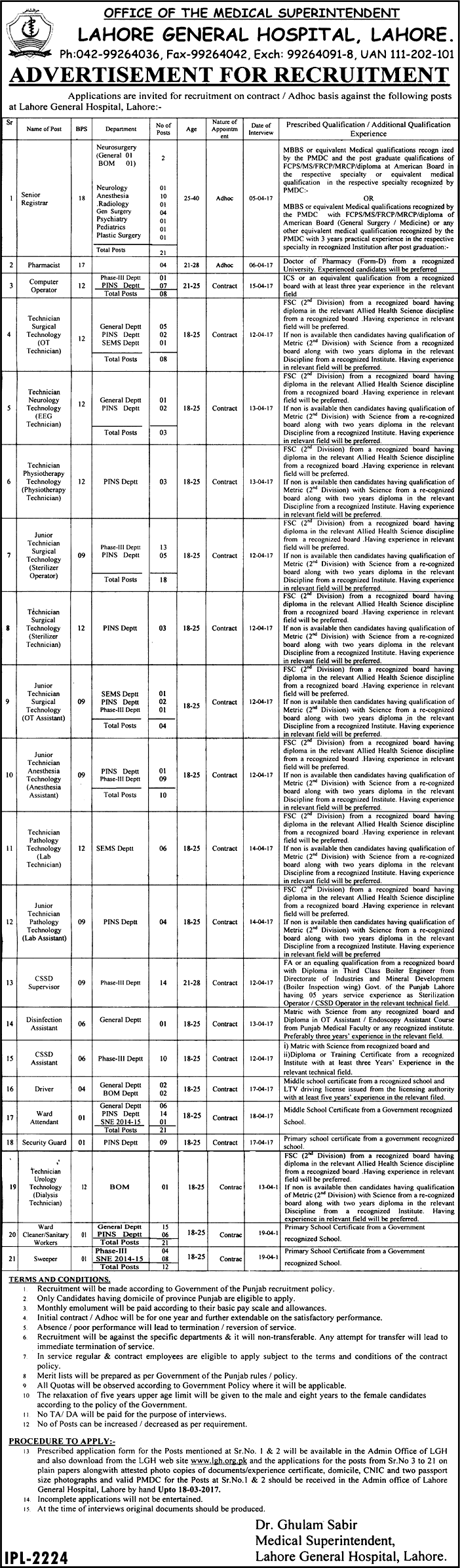 General Hospital Lahore Medical Technicians Ward Attendants Jobs 2024 Online Registration Form Eligibility Criteria Last Date