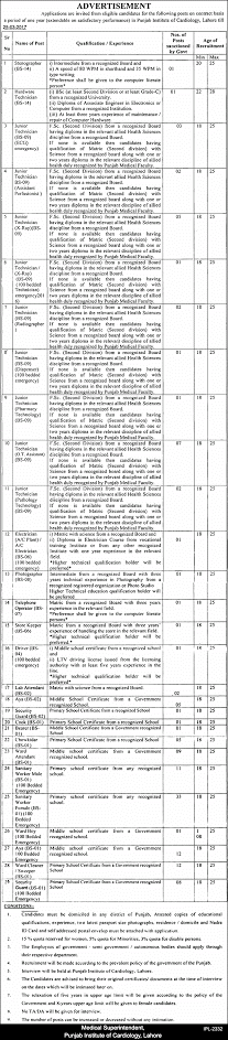 PIC Punjab Institute of Cardiology Lahore Medical Technicians Jobs 2024 Online Registration Form Last Date of Submission