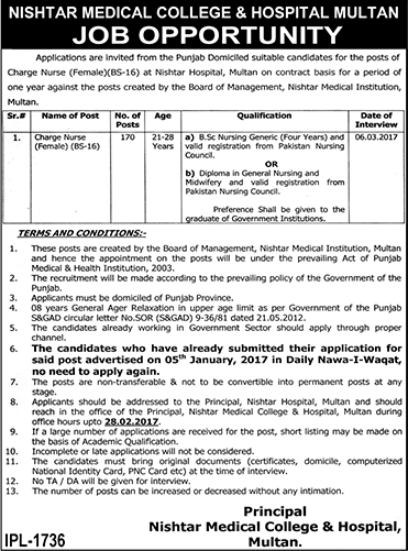 Nishtar Medical College and Hospital Multan Charge Nurse Jobs 2024 Terms and Condition Form Eligibility