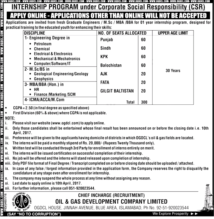 OGDCL Internship Program CSR Under Corporate Social Responsibility 2024 Online Registration Form Last Date Eligibility Criteria