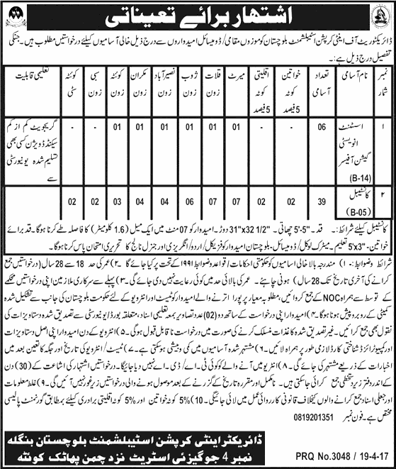 Balochistan Anti Corruption Establishment Constable and Lady Constable Jobs 2024 Eligibility Criteria Procedure to Submit Application Form Last Date