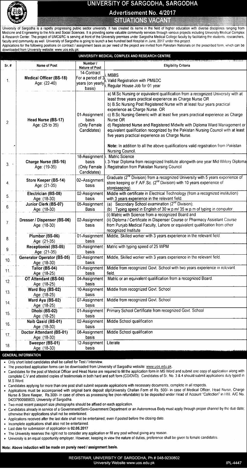 UOS University of Sargodha Medical College Jobs 2024 Application Form Written Test Testimonials Required Qualification