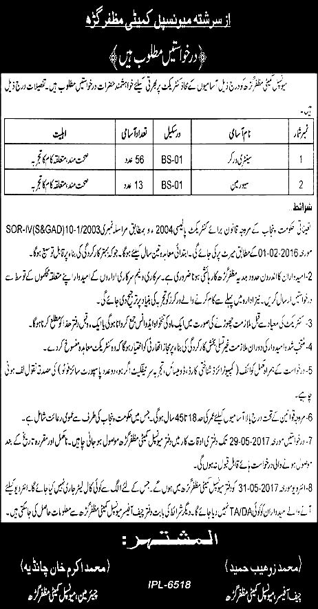 Municipal Committee Muzaffargarh Sanitary Workers Sewerman Jobs 2024 Application Form Written Test Interview