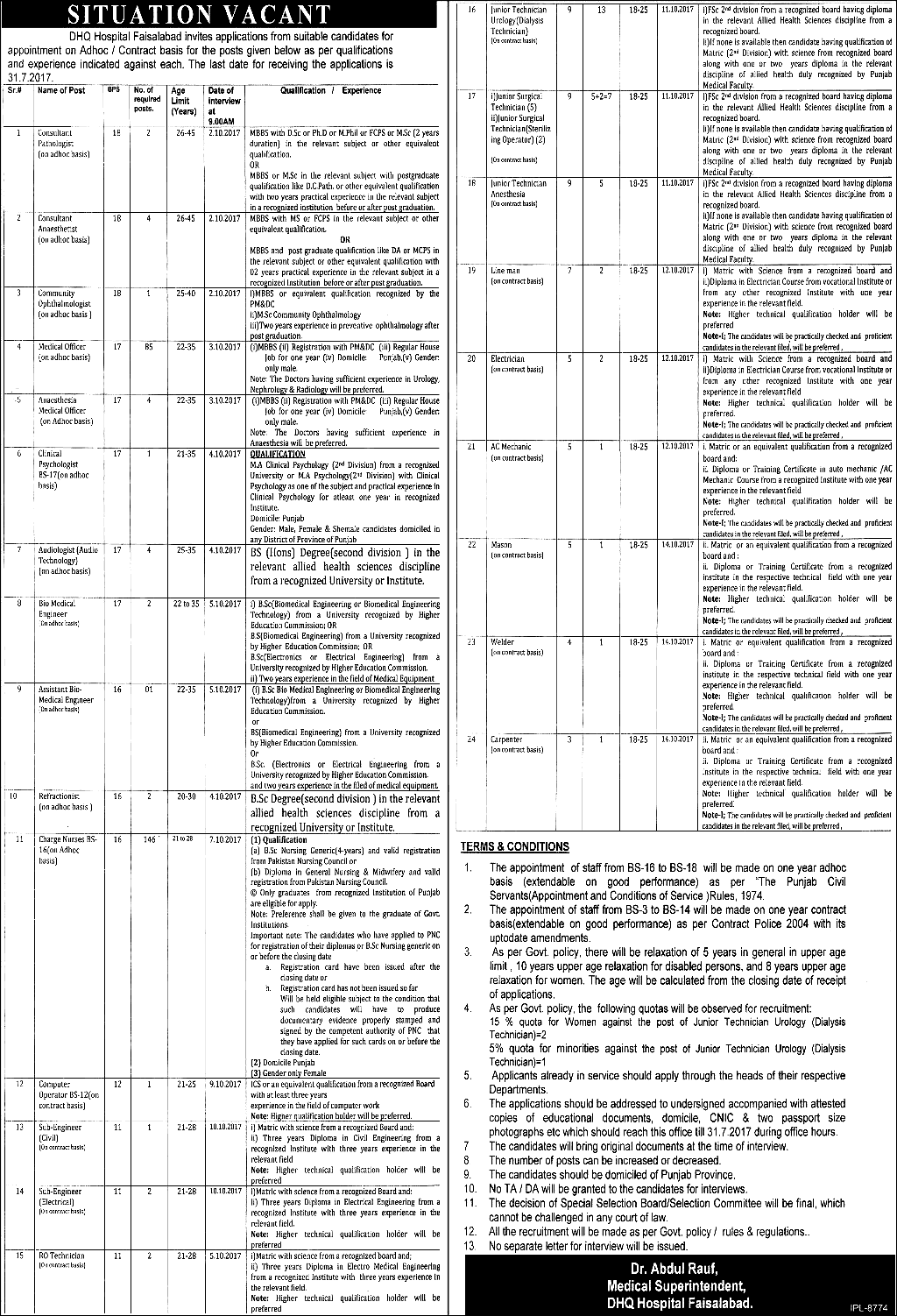 Faisalabad District Headquarter DHQ Hospital Jobs 2024 Charger Nurses Medical Officers Application Form Written Test