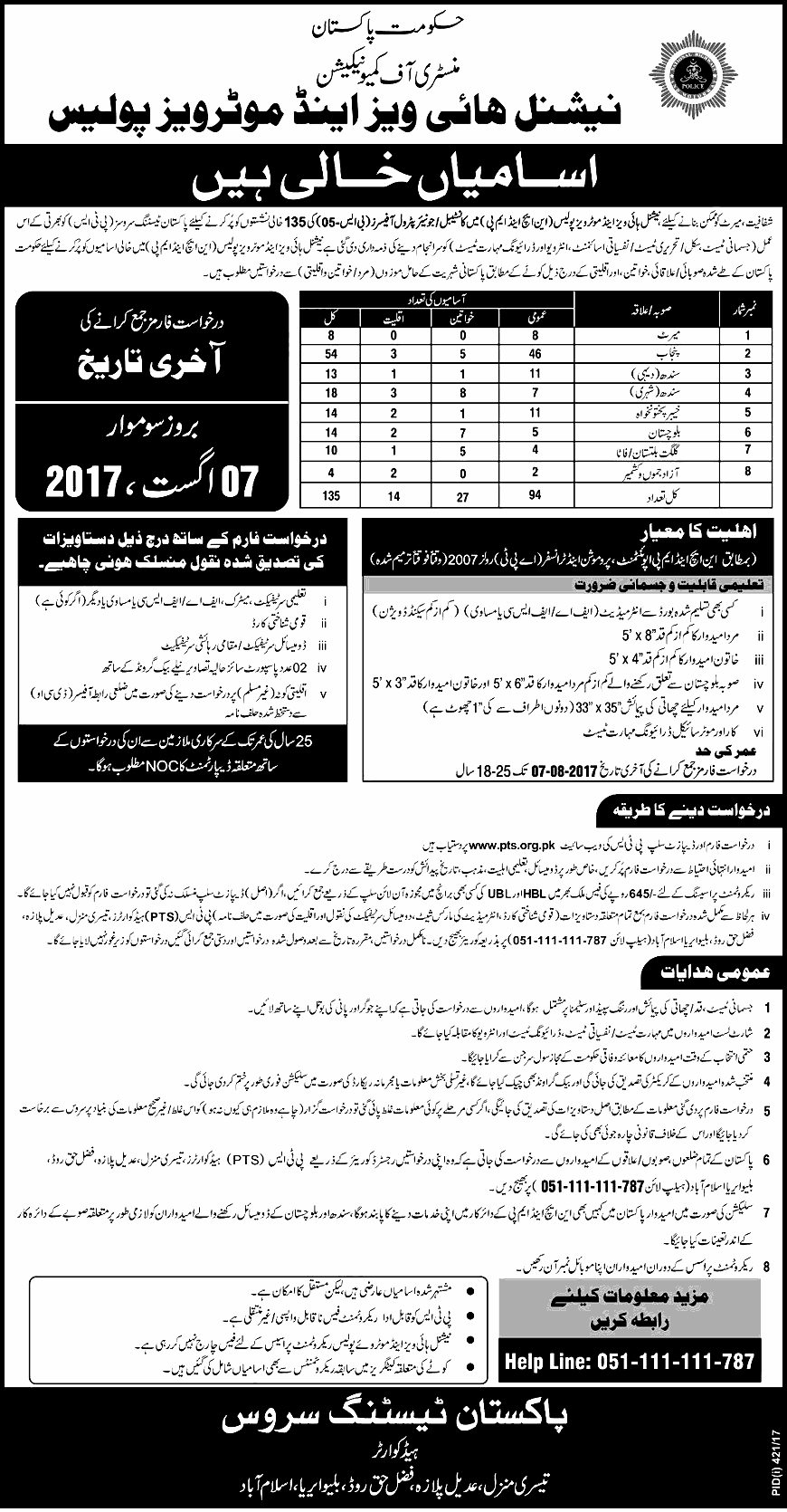 Motorway Police NH&MP Constable Junior Patrol Officer Jobs 2024 PTS Application Form of Last Date