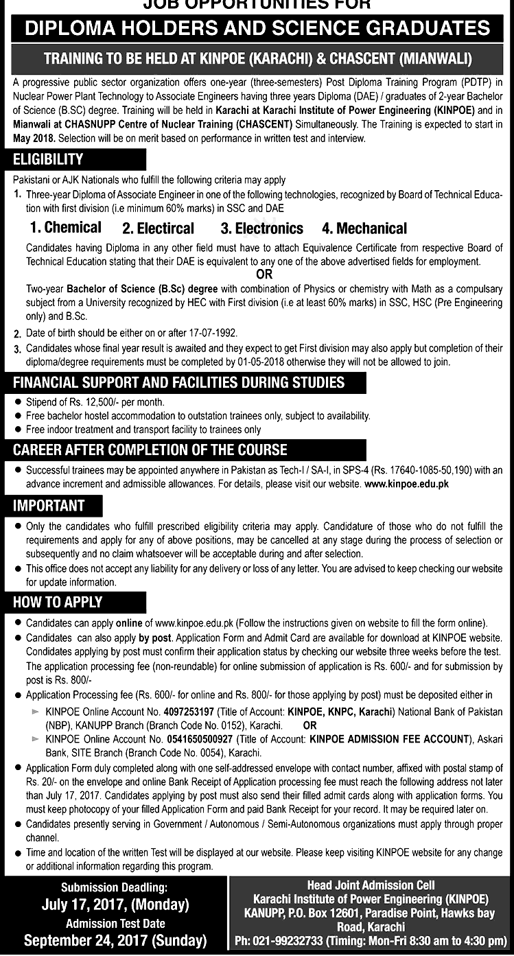 PAEC KINPOE & CHASCENT PDTP DAE Diploma Holders Science Graduates Jobs 2024 Apply Online