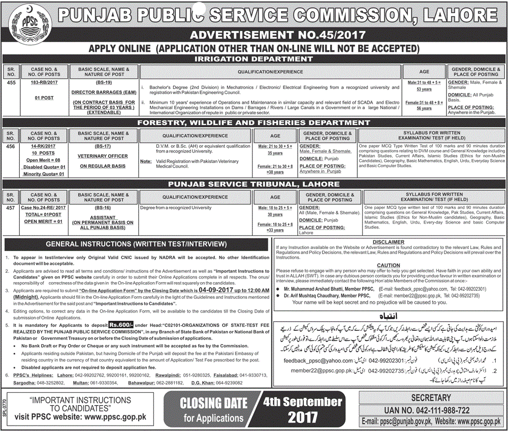 Punjab Public Service Commission PPSC Jobs 2024 Online Apply IN Irrigation And Forestry Wild Life Department Last Date Challan Form