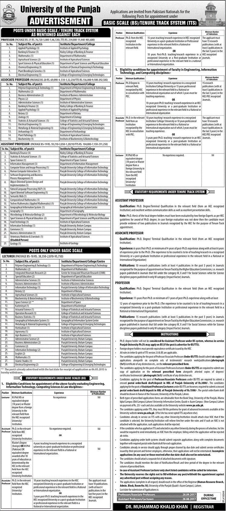 The University of Punjab PU Professors Assistant Professors and Lecturer Jobs 2024 How to Apply Application Form Last Date