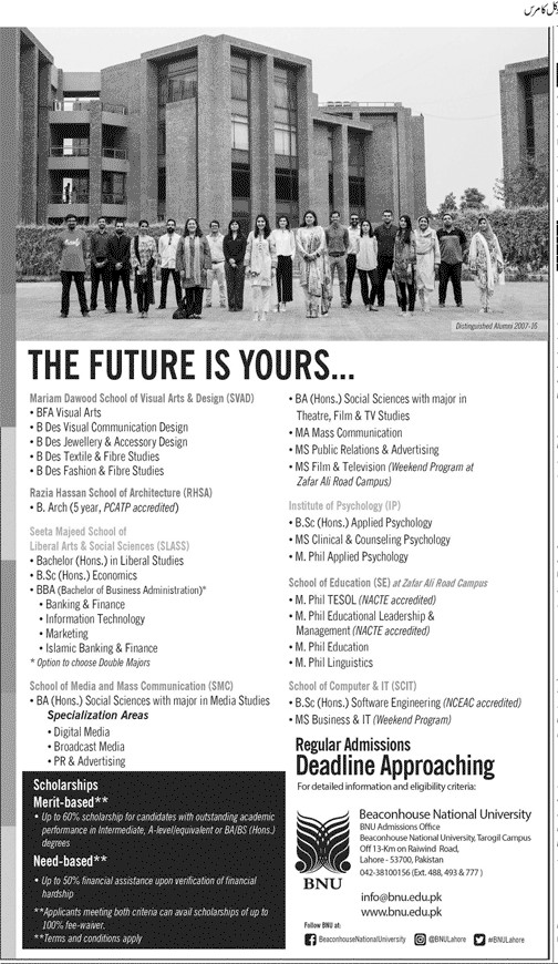 Beaconhouse National University BNU Admission 2024 Undergraduate ...