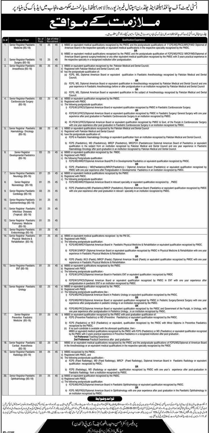 Punjab Health Department Institute Of Child Health & Children Hospital Lahore Adhoc Jobs 2024 Last Date Application Form Eligibility Criteria