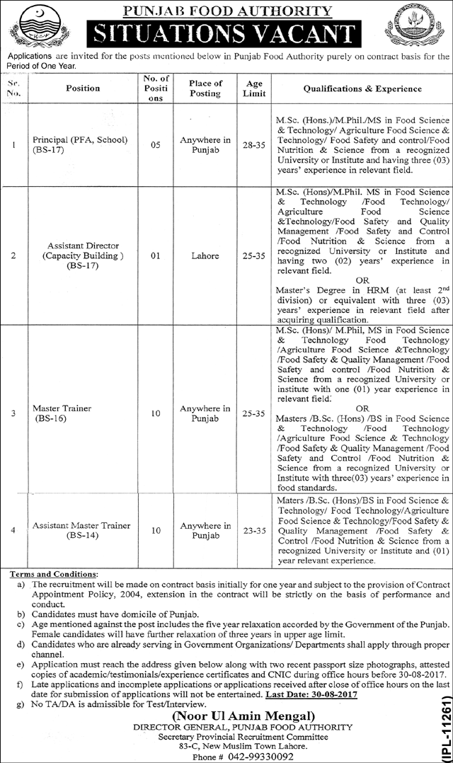 Punjab Food Authority Contract Jobs 2024 Application Form Number Of Posts Age Limit Qualifications & Experience