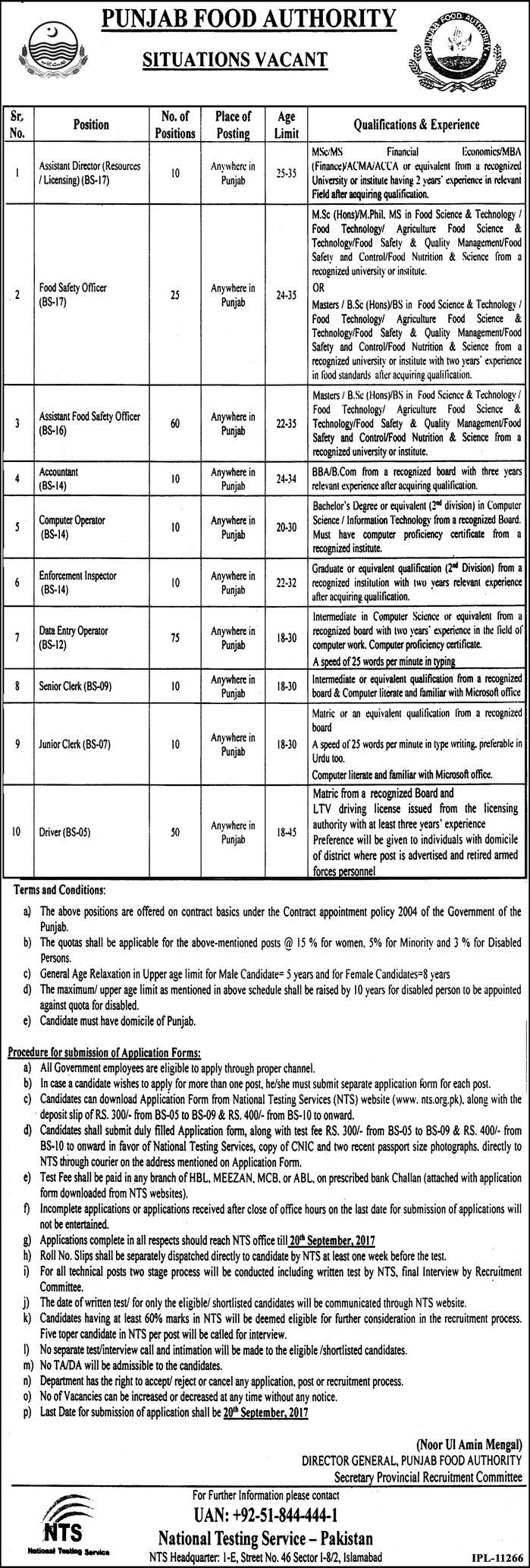 Punjab Food Authority NTS Jobs 2024 Assistant Director Food Safety Officer Accountant Enforcement Officer Application Form Fee Deposit Challan