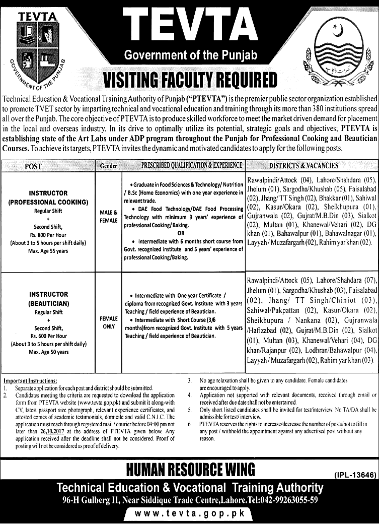 Government Of Punjab TEVTA Visiting Faculty Jobs 2024 Application Form