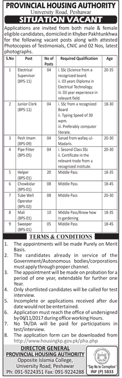 Provincial Housing Authority KPK Peshawar Jobs 2024 Application Form