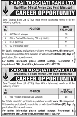 Zarai Taraqiati Bank Limited ZTBL Latest Jobs 2024 Branch Manager OG II General