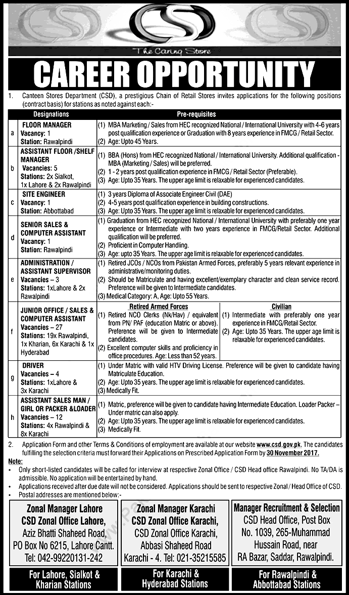 Canteen Stores Department CSD Jobs 2024 Application Form Note Last Date