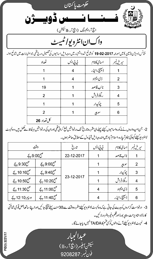 Finance Division Jobs 2024 Islamabad Walk in Test / Interview Posts Vacant