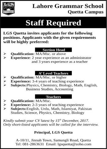 Lahore Grammar School Quetta Campus Jobs 2024 Last Date Teachers & Head